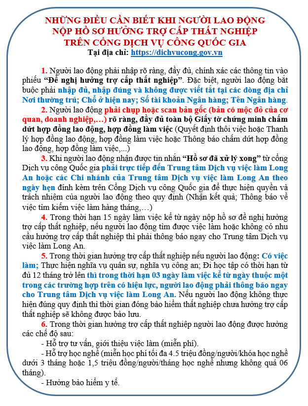 NHỮNG ĐIỀU CẦN BIẾT KHI NGƯỜI LAO ĐỘNG  NỘP HỒ SƠ HƯỞNG TRỢ CẤP THẤT NGHIỆP  TRÊN CỔNG DỊCH VỤ CÔNG QUỐC GIA